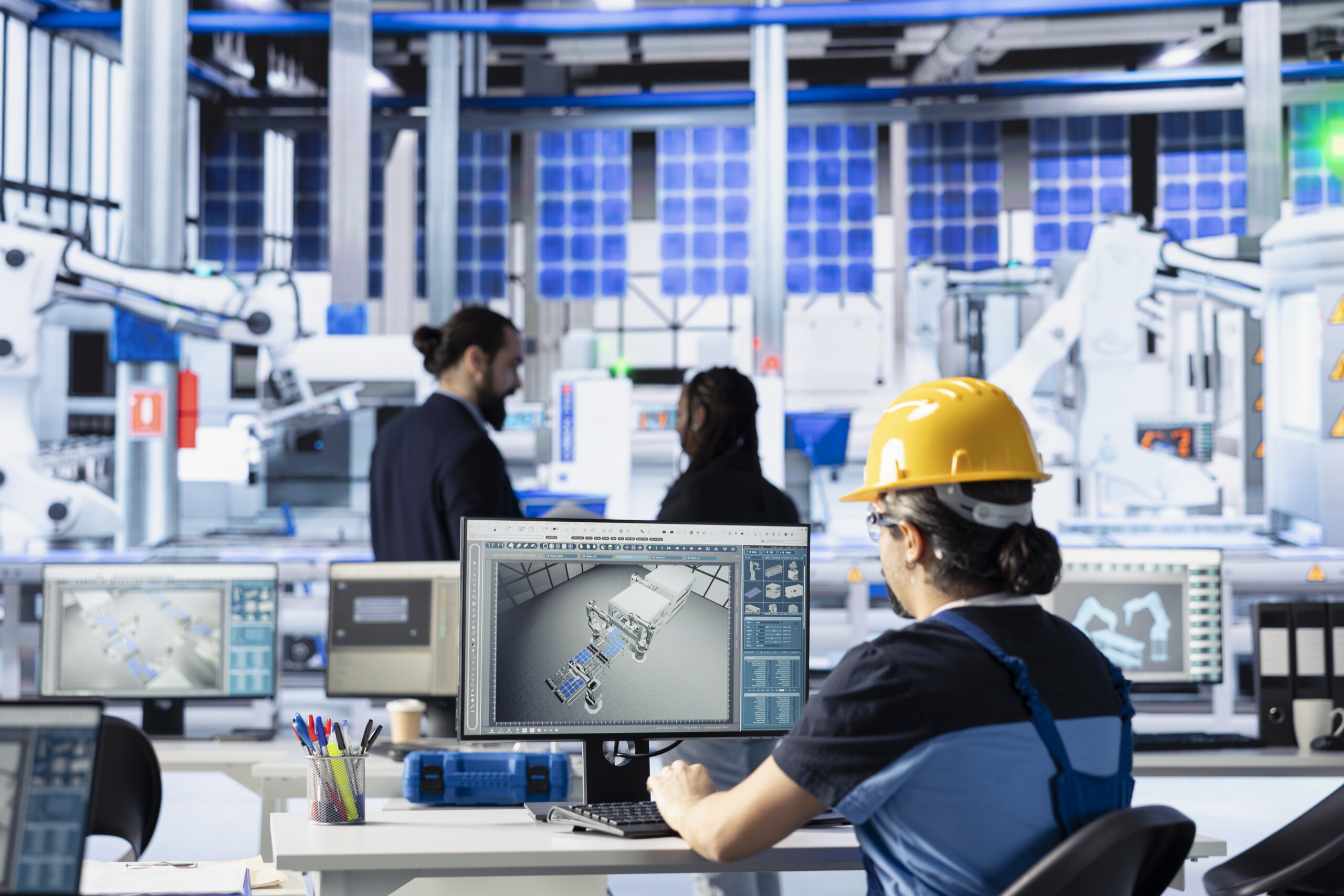 Engineer in solar technology factory reviewing system logs on computer to identify operational inefficiencies. Photovoltaic plant employee monitoring data on PC, adjusting manufacturing parameters